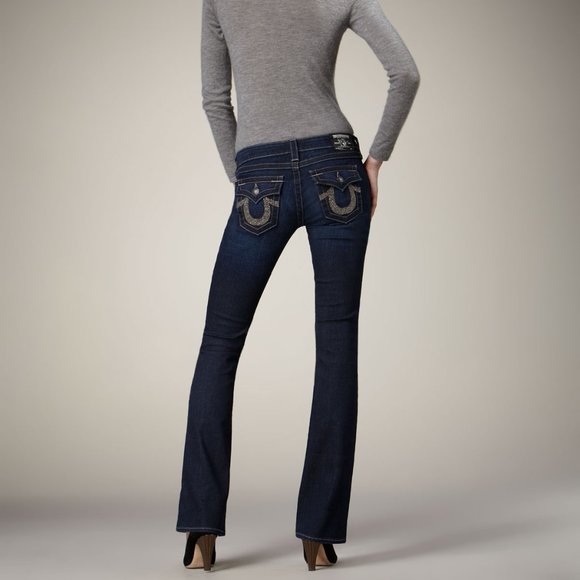 SIZE 32 TRUE RELIGION BECKY CRYSTAL PAVE SLIM BOOTCUT DARK RINSE JEANS womens - Picture 3 of 11